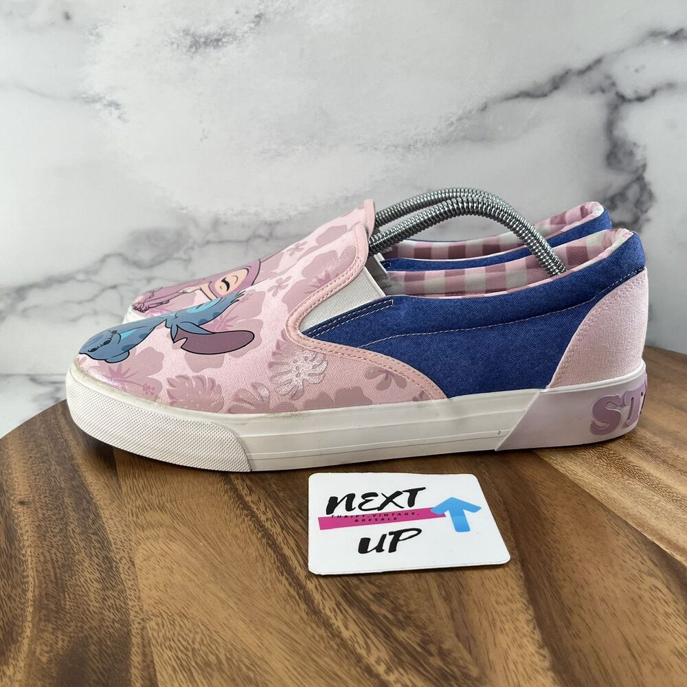 Women’s 11-Disney Stitch & Angel Low Top Slip-on Sneakers Pink Shoes Ground Up